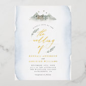 カントリーブルー葉ウォーターカラー&マウンテン結婚ズ 箔招待状ポストカード (正面)