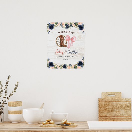 カントリーブーツまたは船首性別がウェルカムサインを明らかにする ポスター (キッチン)