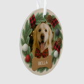 カントリープレイドドッグ名写真ホリデークリスマス オーナメント (正面)