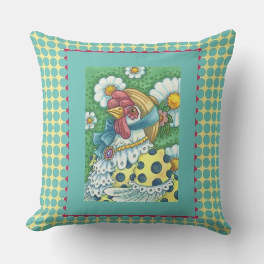 カントリーヘン、水玉模様チキン装飾用クッションティール(緑がかった色) クッション (正面)