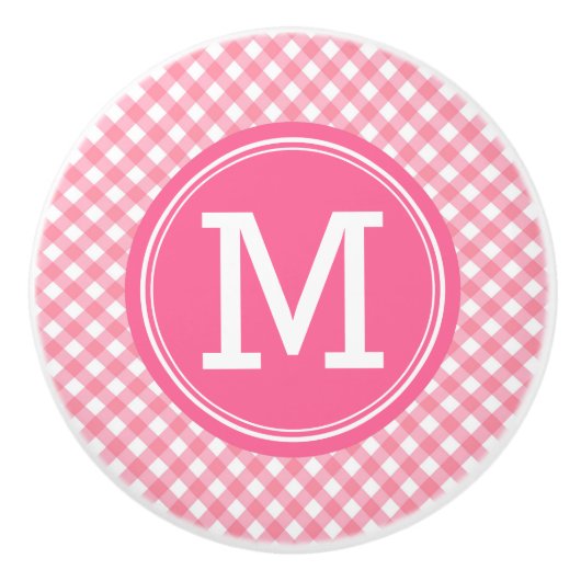 カントリーベビーピンクギンガムパーソナライズモノグラム セラミックノブ (正面)
