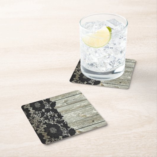 カントリーボヘミアンブラックレース古い素朴な納屋の木 スクエアペーパーコースター (インサイチュ)