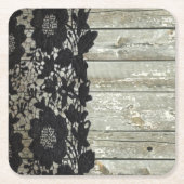 カントリーボヘミアンブラックレース古い素朴な納屋の木 スクエアペーパーコースター (正面)
