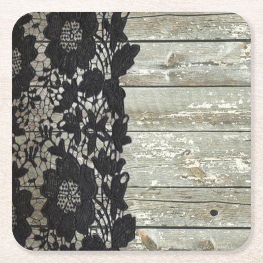 カントリーボヘミアンブラックレース古い素朴な納屋の木 スクエアペーパーコースター (正面)