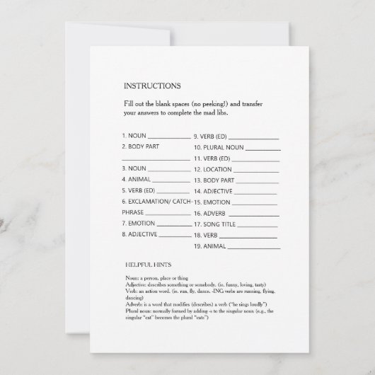 カントリーマーケットブライダルシャワーラブストーリーゲームカード 招待状 (裏面)