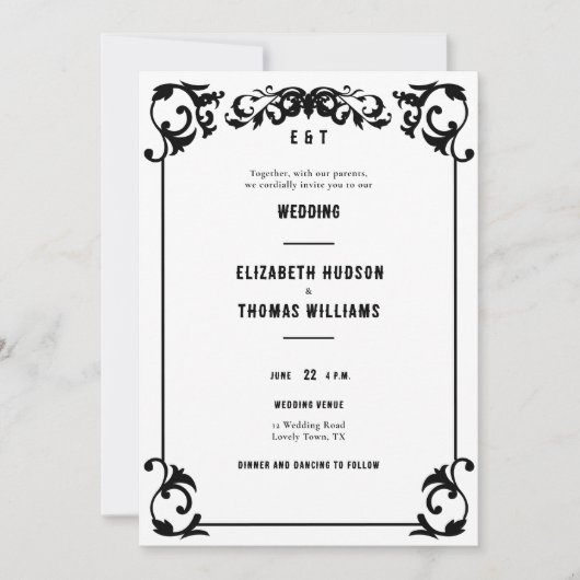 カントリーミニマルウェスタンフォーマル白黒結婚ズ 招待状 (正面)