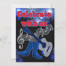 カントリーミュージックの青いギターとカウボーイブーツ 招待状