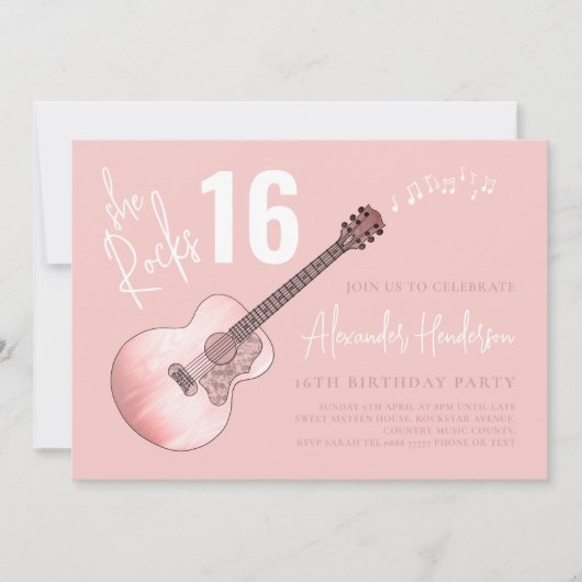カントリーミュージックギター16thバースデーパーティーピンク 招待状 (正面)