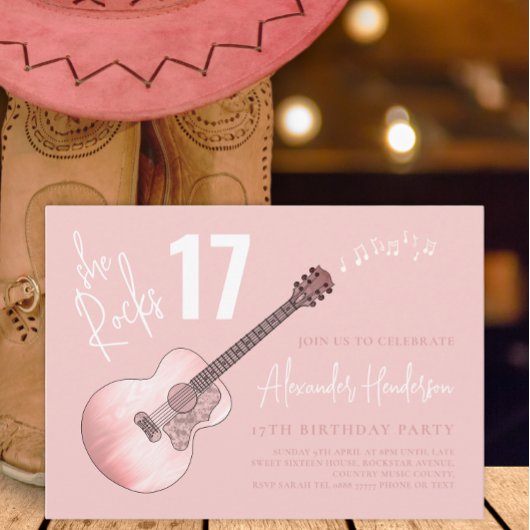 カントリーミュージックピンクギター17th誕生日パーティー 招待状