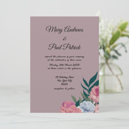 カントリーメイブピンクの植物性フローラ結婚ズ 招待状 (スタンド正面)