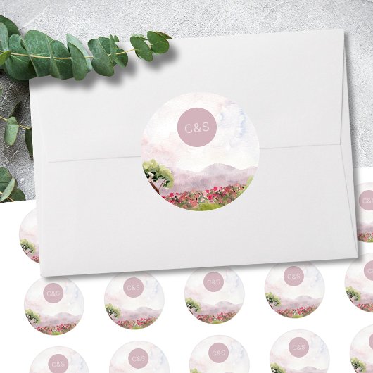カントリーメドウウォーターカラー結婚ズシンプルモノグラム ラウンドシール