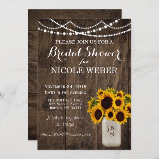 カントリーメ素朴イソンジャーブライダルシャワーヒマワリ 招待状 (正面/裏面)