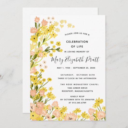 カントリーモダンイエローピンクフローラ葬儀 招待状 (正面/裏面)