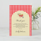 カントリーモダンレッド素朴ジンガム赤ちゃんシャワー サンキューカード (スタンド正面)