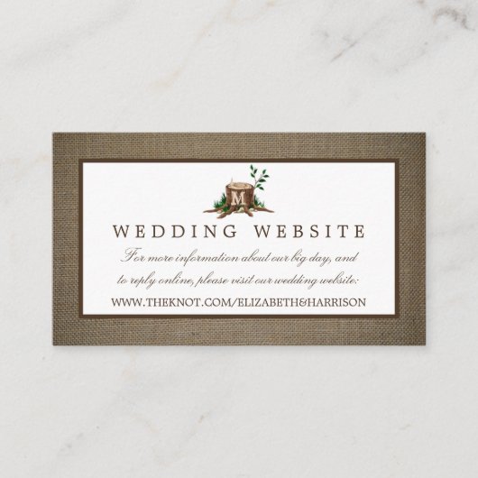 カントリーモノグラムツリー&バーラップ結婚のウェブサイト エンクロージャーカード (正面)