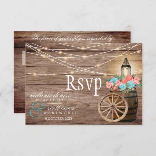 カントリーライトティール(緑がかった色)とサンゴ – ウッドバレル 出欠カード (正面/裏面)