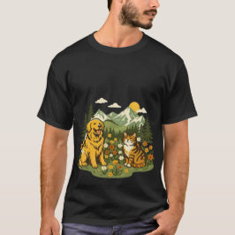 カントリーライフな犬 猫 ワイルドフラワー 草原 山 Tシャツ