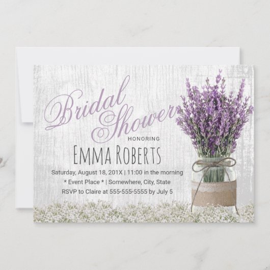 カントリーラベンダーフローラメイスンジャーブライダルシャワー 招待状 (正面)