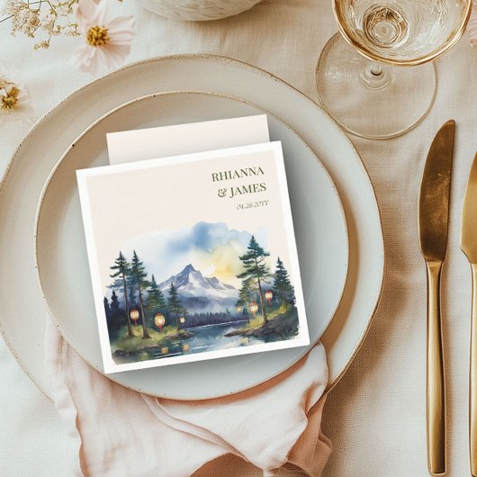 カントリーレイクトワイライトフォレストマウンテン結婚ズ スタンダードカクテルナプキン