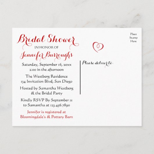 カントリーレッドギンガムプレイド素朴ブライダルシャワー インビテーションポストカード (裏面)