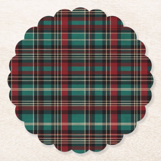 カントリーレッドグリーンプレイドクリスマス ペーパーコースター (正面)