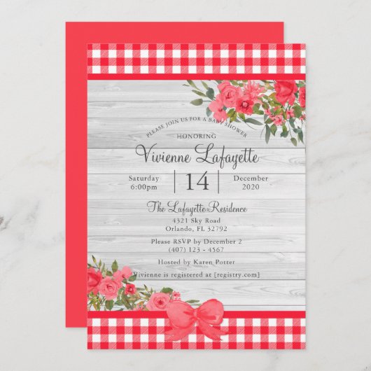 カントリーレッドジンガムフローラベビーシャワー 招待状 (正面/裏面)