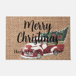 カントリーレッドトラック家族の名前デザインオンburlap ドアマット