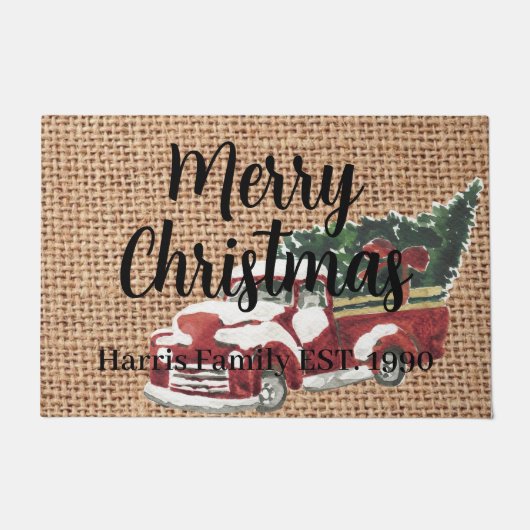 カントリーレッドトラック家族の名前デザインオンburlap ドアマット (正面)