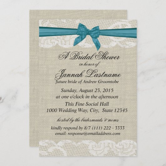 カントリーレースとバーラップとターコイズの弓シャワー 招待状 (正面/裏面)