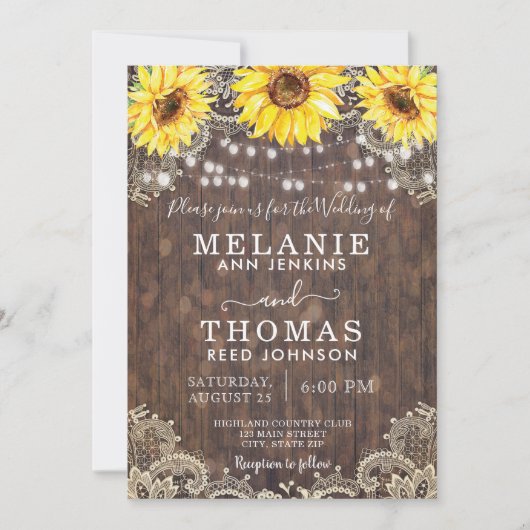 カントリーレースとヒマワリの結婚式招待状 招待状 (正面)