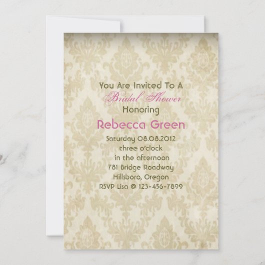 カントリーレースフローラダマスクヴィンテージブライダルシャワー 招待状 (裏面)