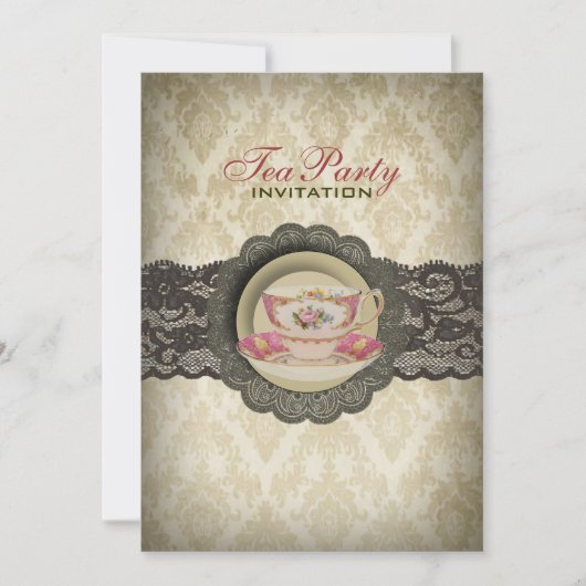 カントリーレースフローラティーカップブライダルティーパーティー 招待状 (正面)