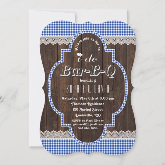 カントリーレースブルーギンガムオールドウッドI DO BBQ招待状 招待状 (正面)