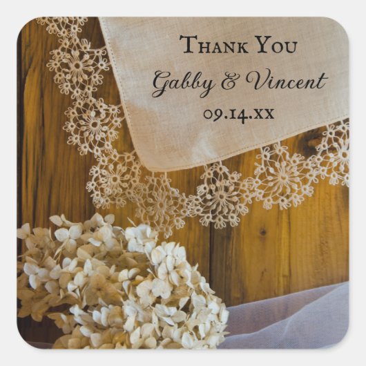 カントリーレース結婚フラワーズサンキューメッセージカード スクエアシール (正面)