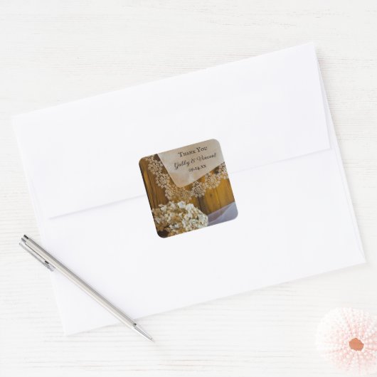 カントリーレース結婚フラワーズサンキューメッセージカード スクエアシール (封筒)