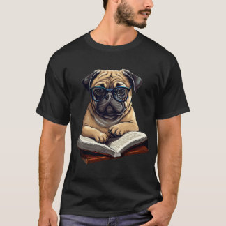 カントリーロア風の犬・パグ・読書・本 Tシャツ