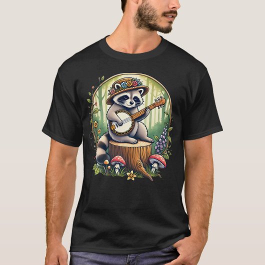 カントリーロア・コテージコア風のあらいぐまのバンジョー演奏 Tシャツ (正面)