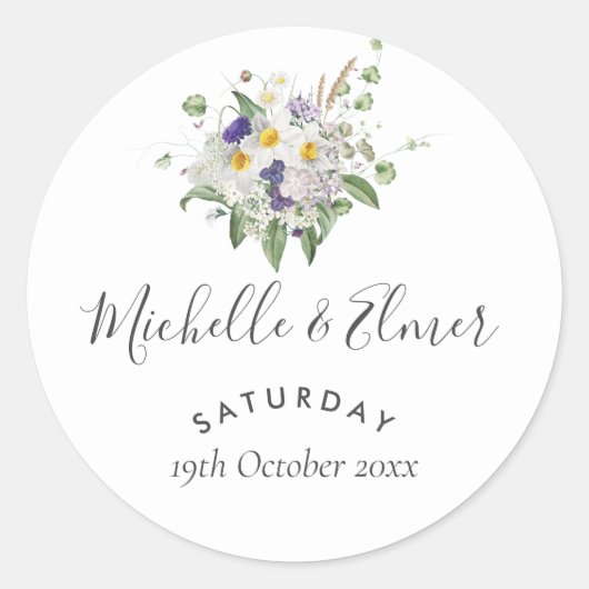 カントリーワイルドフラワーズグリーンリーポシー結婚式の引き出物 ラウンドシール (正面)