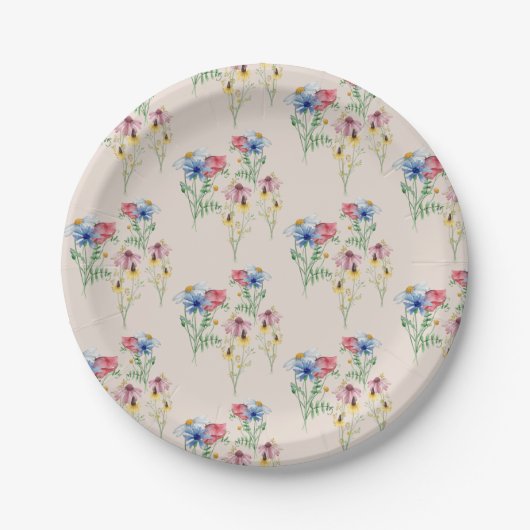 カントリーワイルドフラワーポピーデイジーコナフロアーパターン ペーパープレート (正面)