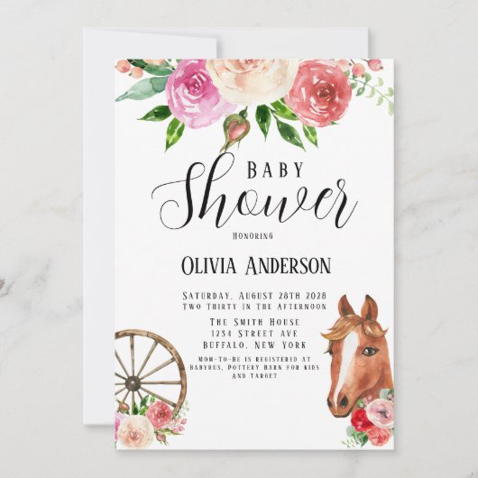 カントリーワゴンホイールホースと花模様ベビーシャワー 招待状 (正面)
