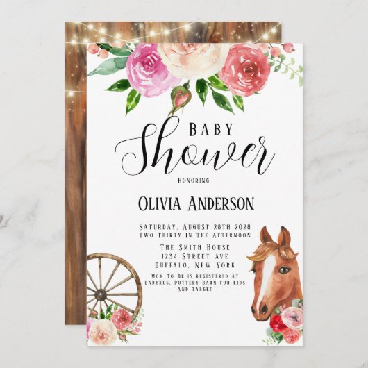カントリーワゴンホイールホースと花模様ベビーシャワー 招待状 (正面/裏面)