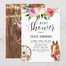 カントリーワゴンホイールホースと花模様ベビーシャワー 招待状