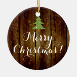 カントリーヴィンテージウッドブラウングリーンメリークリスマス セラミックオーナメント