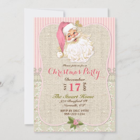 カントリーヴィンテージサンタクロースピンクバーラップレース 招待状 (正面)