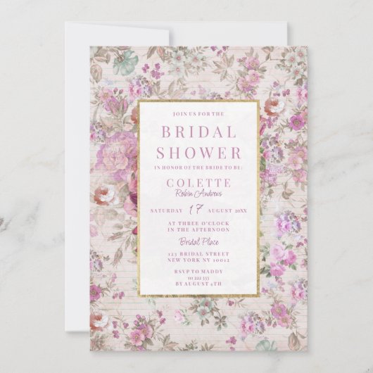 カントリーヴィンテージシックなピンクフローラブライダルシャワー 招待状 (正面)