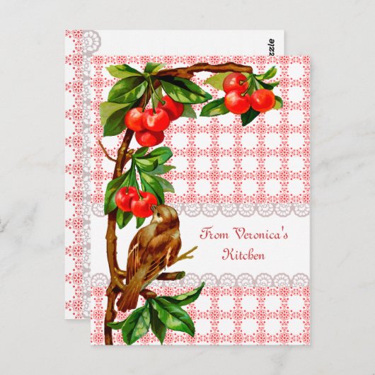 カントリーヴィンテージバード&さくらんぼレシピカード ポストカード (正面/裏面)