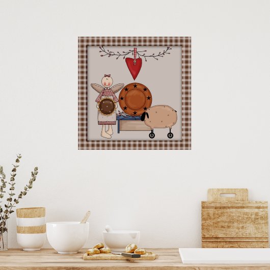 カントリー初期のヒマワリの羊&エンジェルデコール ポスター (キッチン)