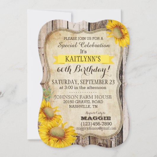 カントリー向日葵と素朴な木の誕生日 招待状 (正面)