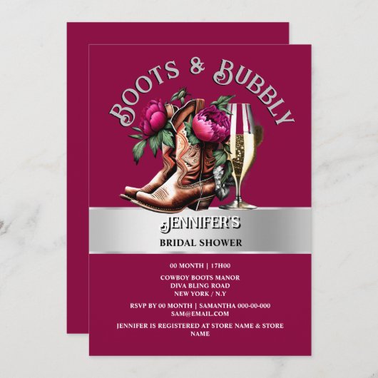 カントリー女性のカーボーイブーツ壮大なフローラバブリー釉薬 招待状 (正面/裏面)