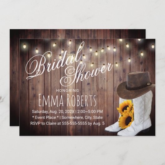 カントリー女性のカーボーイブーツ&サンフラワーズブライダルシャワー 招待状 (正面/裏面)